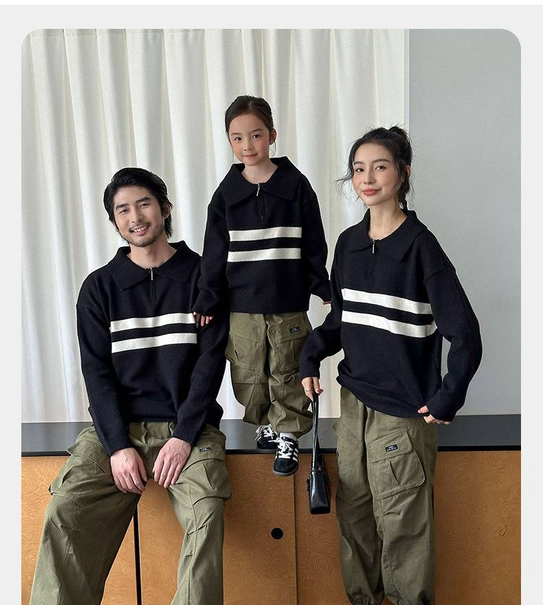 Color-Block Zip-Up Sweater Set – American-Style Family Knitwear For Fall & Winter (80cm-XXL, 28% Acrylic, Unisex)_voghion.com