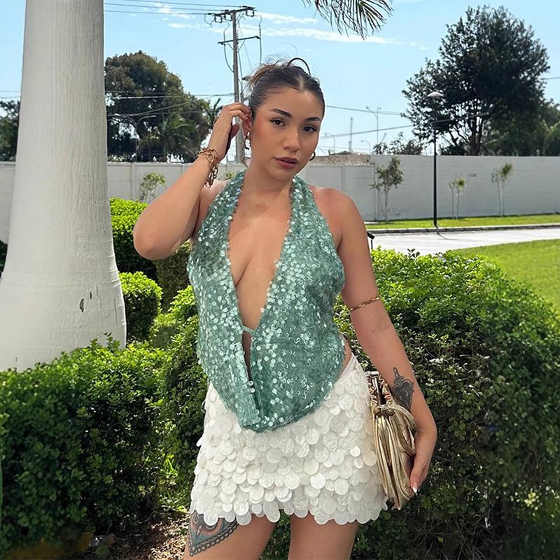 Top corto estivo da donna con scollo all'americana e paillettes sexy, senza maniche, per le serate fuori (nero/argento/oro rosa)_voghion.com