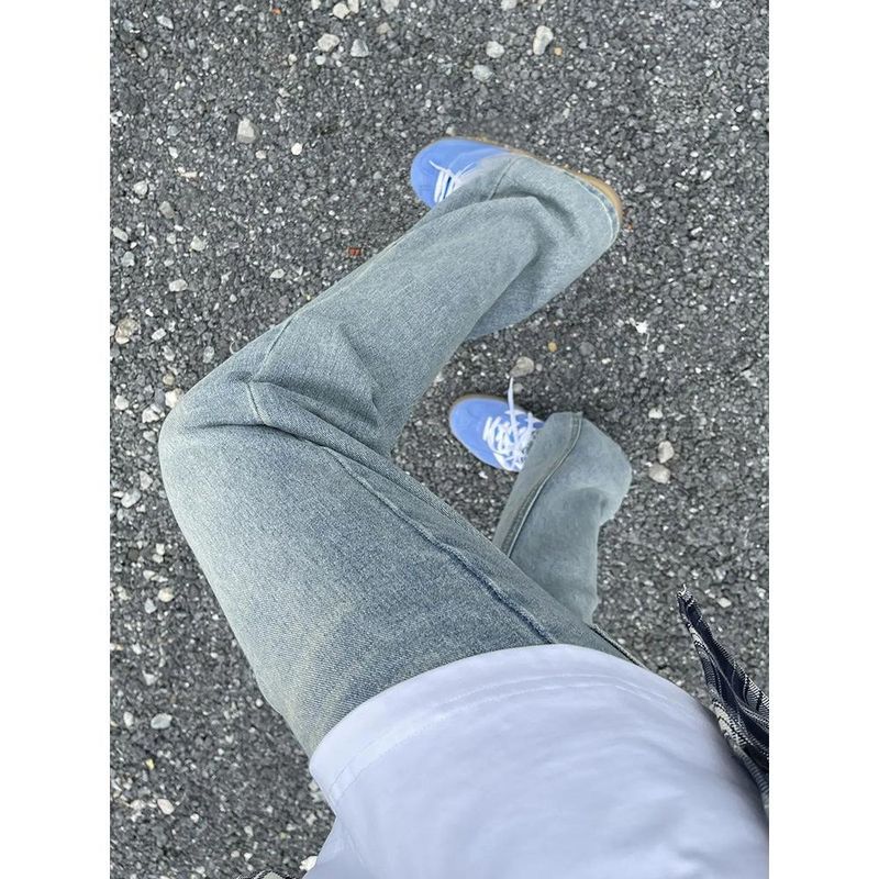 Herenkleding High Street Stijl Strakke pasvorm Slim Straight Leg Lightning Wash Jeans Slim Straight Bootcut Denim Broek Voor Zomer Casual Streetwear_voghion.com