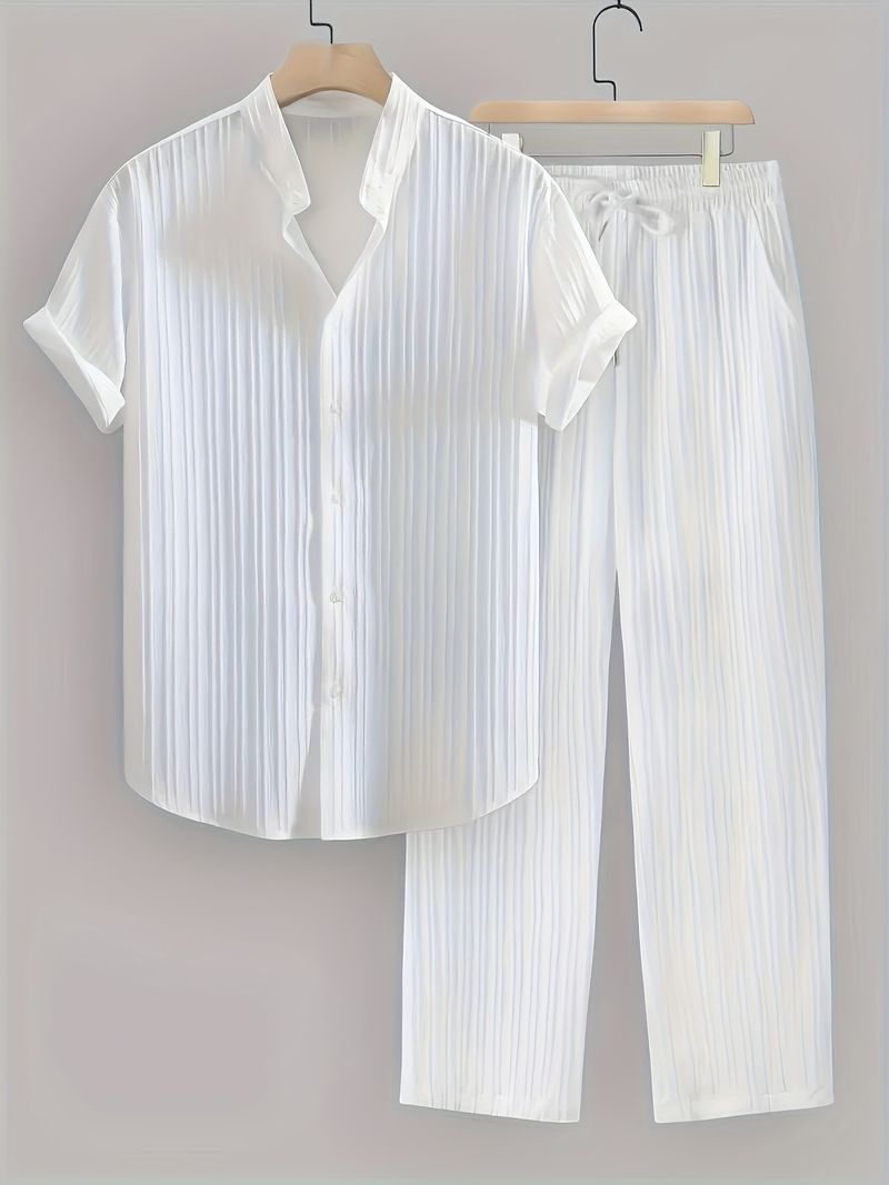 Costum casual pentru bărbați, la modă, cu dungi texturate și valuri, cu mânecă scurtă, pantaloni lungi_voghion.com