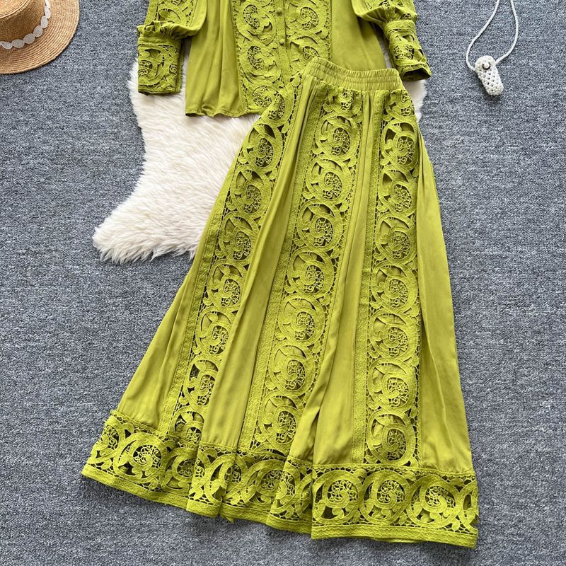 Ensemble chemisier taille haute en dentelle et jupe évasée style court – Tenue élégante deux pièces (beige/vert/blanc/bleu, taille unique)_voghion.com