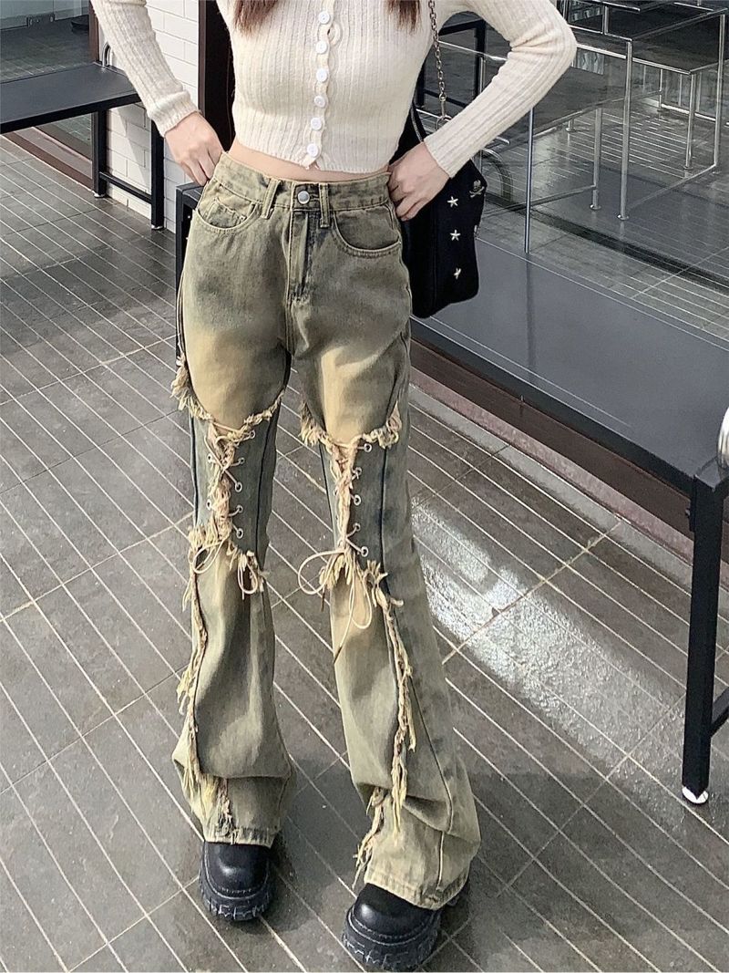 Niche Lace-Up Frayed Design Flared Jeans Women, Sweet And Spicy Style, Straight High Street Pants For Plus Size Women_voghion.com