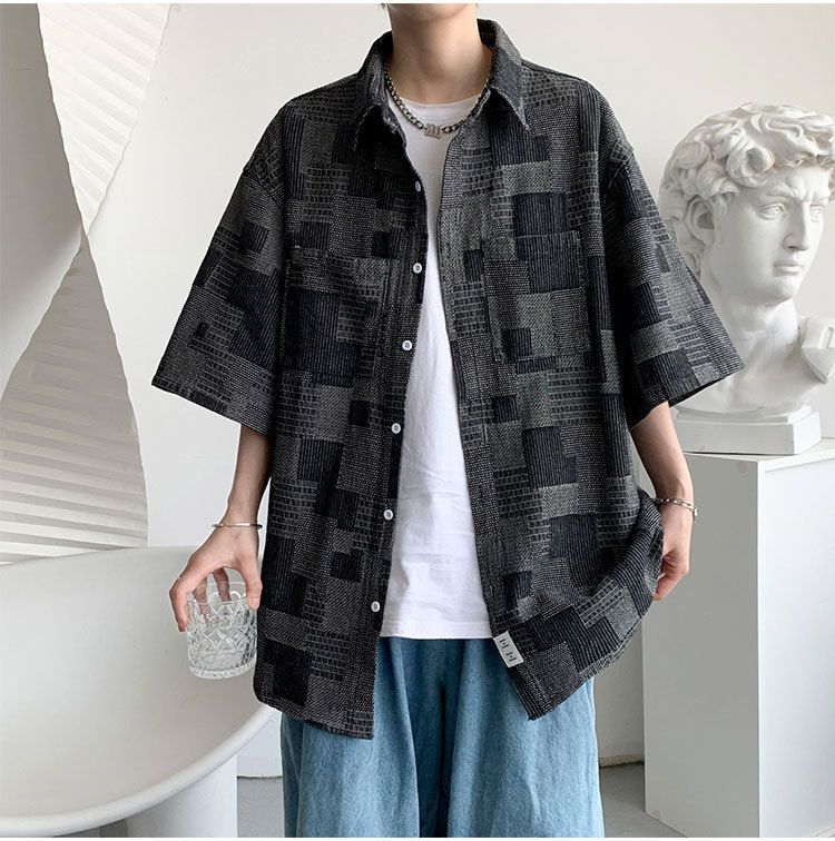 Camicia in denim a maniche corte a quadri estivi da uomo, alla moda, coordinata, alla moda, retrò, lavata._voghion.com