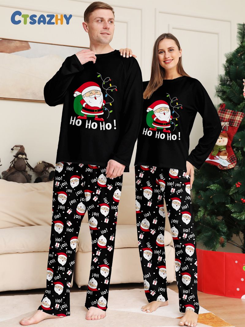 Passendes Familien-Pyjama-Set mit Weihnachtsmann-Aufdruck – Schwarze, gemütliche Nachtwäsche für Eltern und Kinder (S–4XL, Hundegrößen inbegriffen)_voghion.com