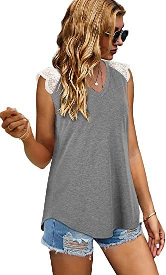Women's summer ladies stitching flying sleeves eyelash lace top loose vest T-shirt_voghion.com