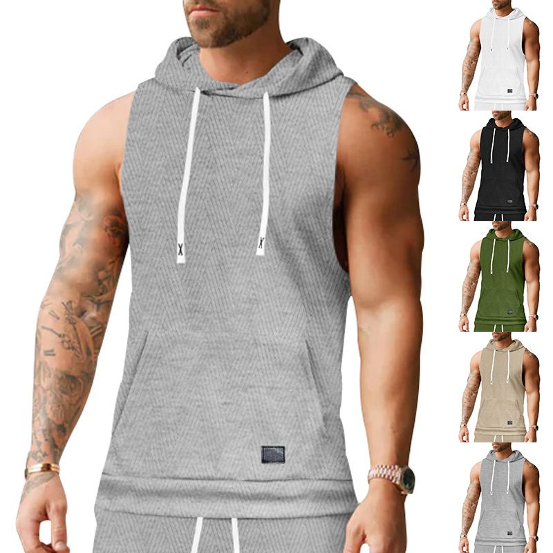 Felpa con cappuccio in maglia jacquard casual da uomo, senza maniche, con tasca applicata e coulisse_voghion.com