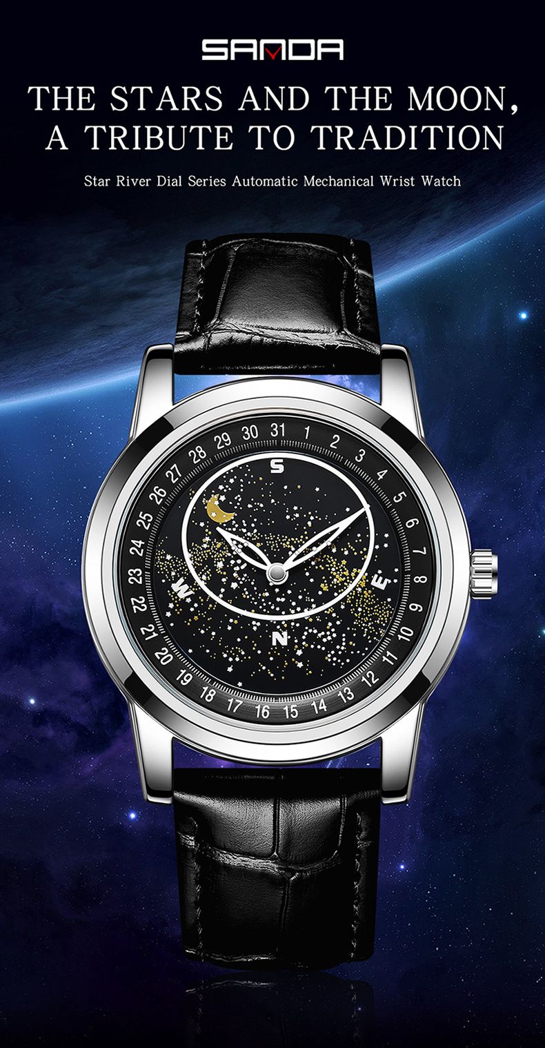 Montre mécanique automatique pour homme avec cadran étoilé rotatif, aiguilles lumineuses, étanche jusqu'à 30 m, fermoir en acier inoxydable, bracelet en cuir véritable_voghion.com