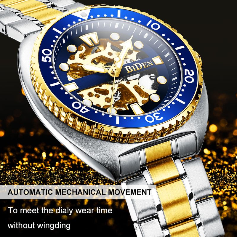 Montre mécanique classique BIDEN pour homme, marque de luxe, automatique, lunette rotative, cadran lumineux, livrée avec un écrin_voghion.com