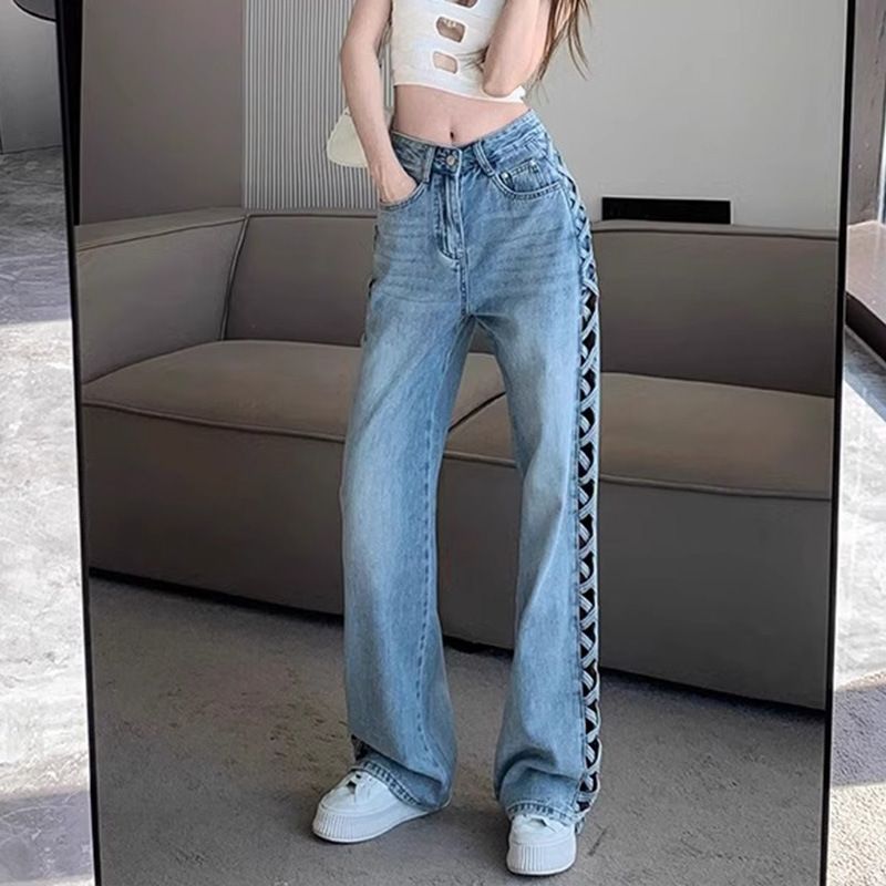 Abbigliamento da donna, design primaverile ed estivo, pantaloni sottili e versatili a vita alta lunghi fino al pavimento_voghion.com