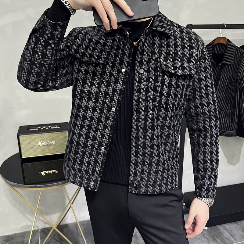 Spring Haute Couture Thousand Bird Plaid Fashionable Striped Slim Fit Leather Jacket, Business Casual Men's Top_voghion.com