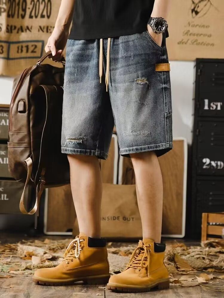 2023 Summer Thin Shorts, Men's Slim Fit Jeans, Trendy Brand Stretch Pentagram Pants, Fashionable Youth Casual Mid Pants_voghion.com