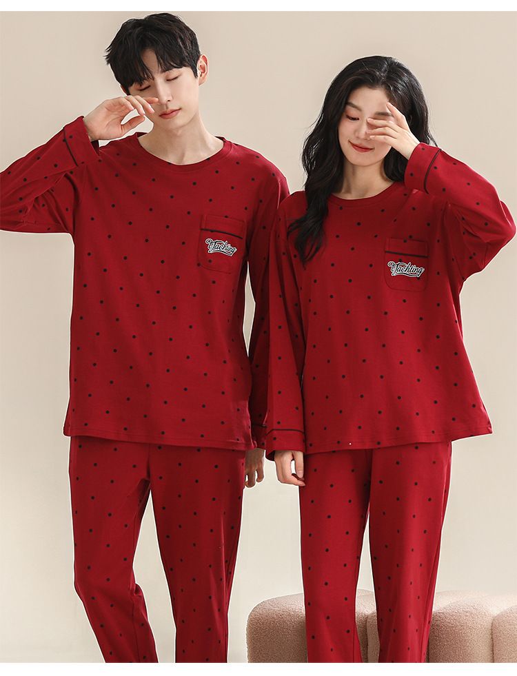 2024 Nuovo Pigiama Coppia Set Matrimonio Primavera Autunno Puro Cotone Manica Lunga Rosso Casa Vestiti Uomo e Donna Girocollo_voghion.com