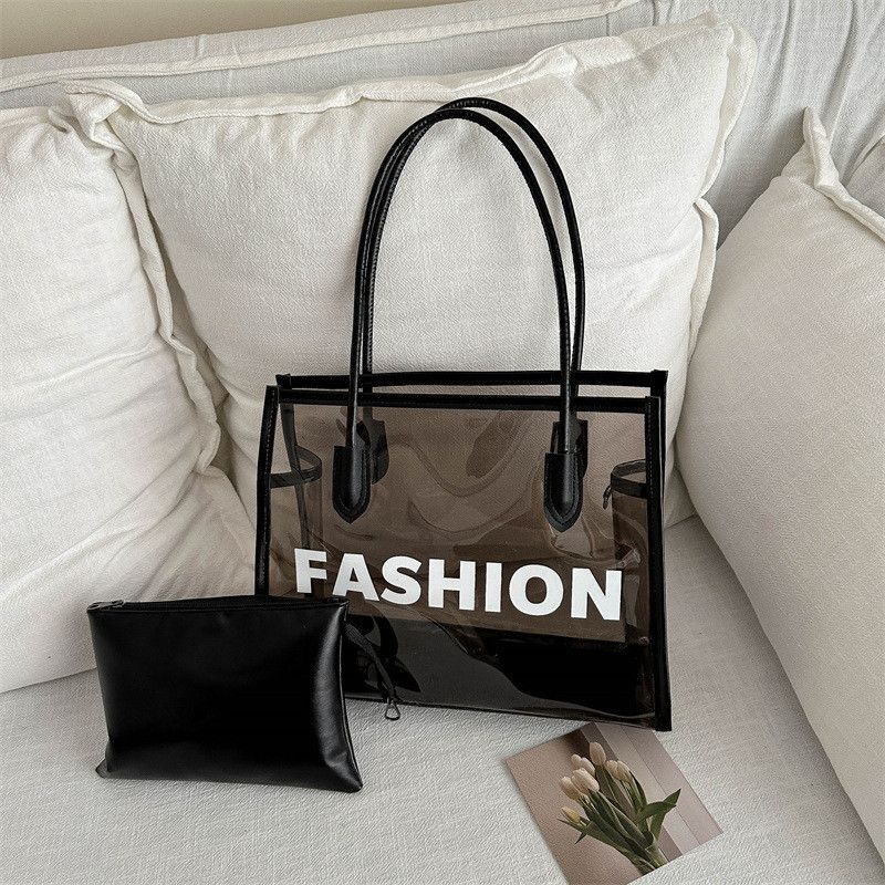 Borsa da spiaggia impermeabile in gelatina trasparente con stampa di lettere personalizzate, borsa a secchiello di grande capacità per le donne_voghion.com