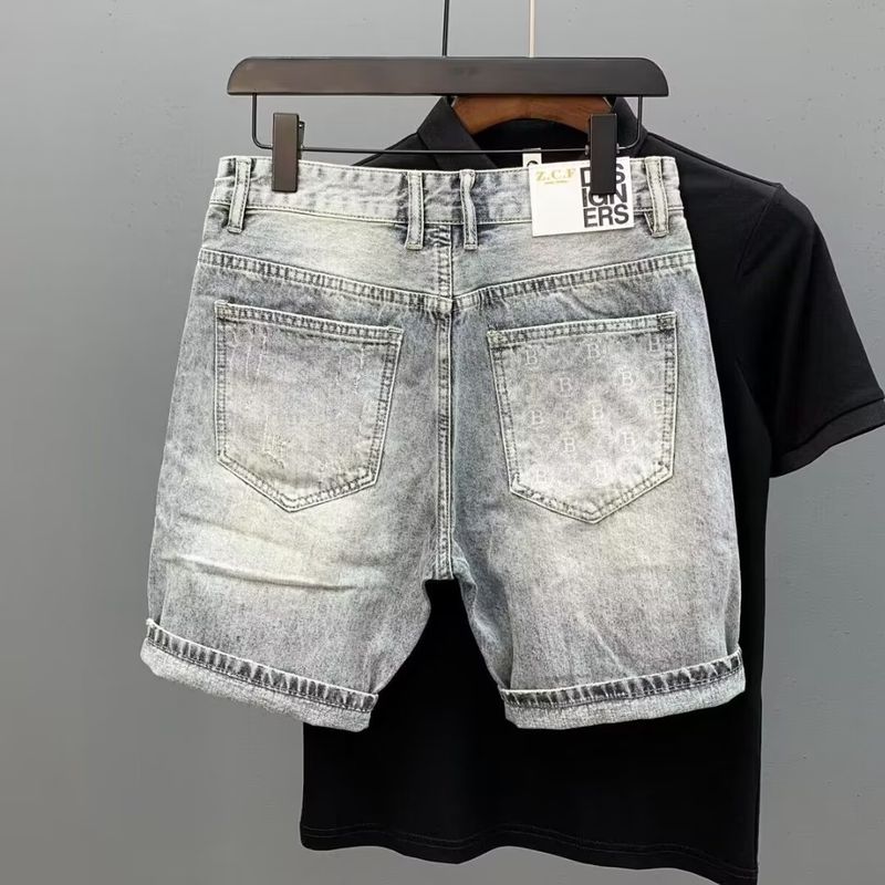 Pantaloncini estivi in denim sottile stampato blu da uomo, cuciture personalizzate, vestibilità slim, piede piccolo, cinque gambe, casual di media lunghezza_voghion.com