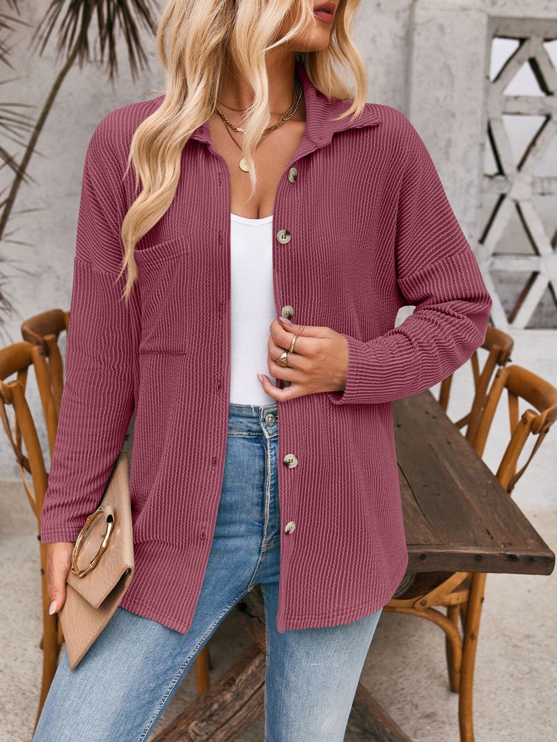 Damenbekleidung neue gestreifte Kontrastfarbe Tasche Langarm Shirt Strickjacke_voghion.com