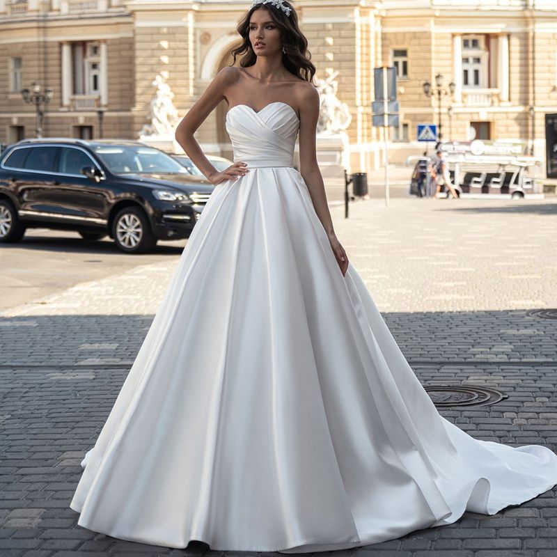 Women's clothing satin wedding dress 2024 new summer bride slim small tail luxury fluffy wedding dress_voghion.com