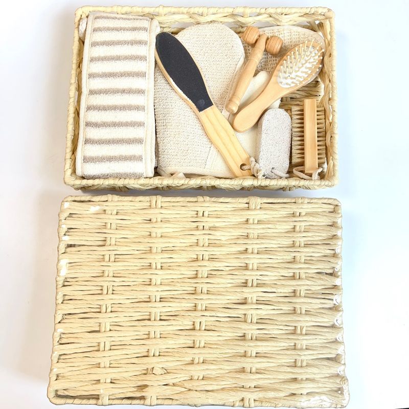 8-Piece Bath & Body Gift Set In Handwoven Paper Rope Basket – Exfoliating Gloves, Loofah & Foot Scrubber For Birthdays, Holidays & Corporate Gifting_voghion.com
