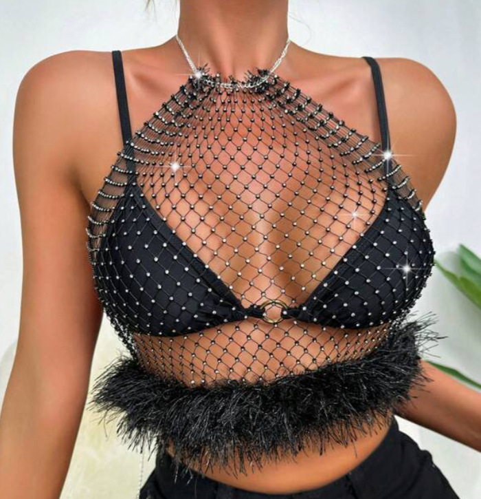 LH4216 Gilet avvolgente con scollo all'americana e collo allacciato alla caviglia, intarsiato con strass a rete piccola e europea e americana, più venduto_voghion.com