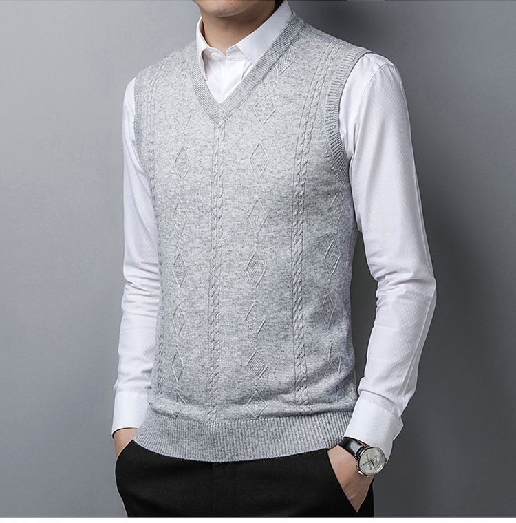 Herren-Wollweste mit V-Ausschnitt, ärmelloser Strickpullover für Papa, einfarbiger Slim-Fit-Pullover für Freizeit und Business_voghion.com