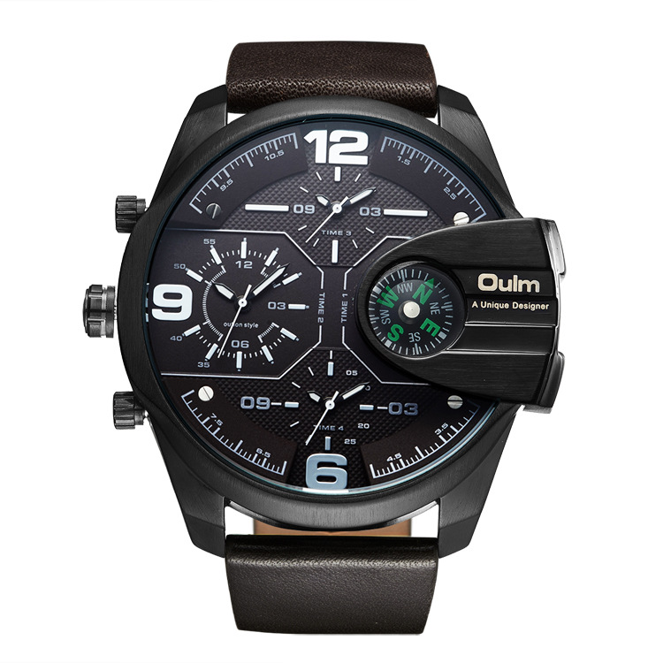 Luxuriöse Herren-Quarzuhr mit Kompass und GMT-Funktion, 58 mm großes Zifferblatt, Echtlederarmband, 30 m wasserdicht – Größen verfügbar_voghion.com
