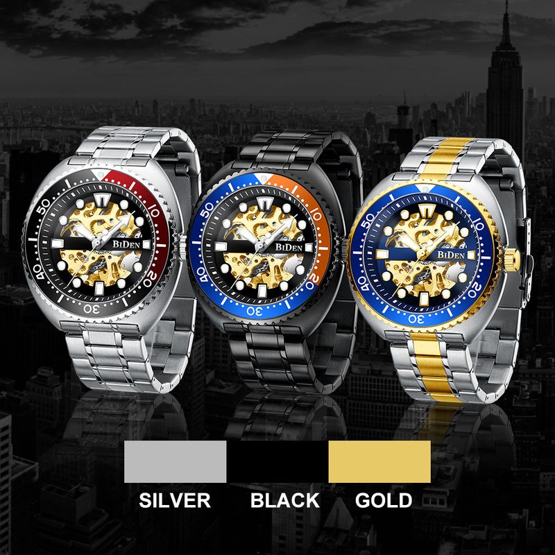 Montre mécanique classique BIDEN pour homme, marque de luxe, automatique, lunette rotative, cadran lumineux, livrée avec un écrin_voghion.com
