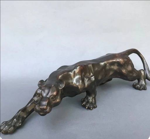Stor 36 cm bronseskulpturstatue panter leopard jaguarkatt merket emaljedekorasjon messing bronse hjem skrivebordsdekor_voghion.com