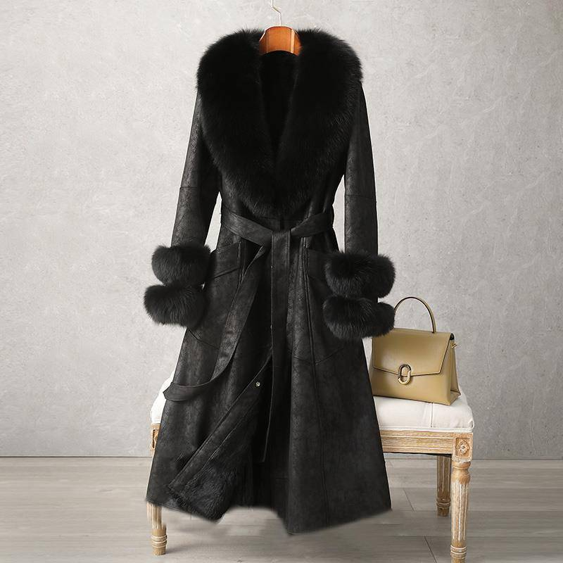 Dammekleedung Kanéngchen Pelzmantel nei Mëttellängt Pelz Fraen iwwer de Knéi Pelzkraag Mantel Slim Fit_voghion.com