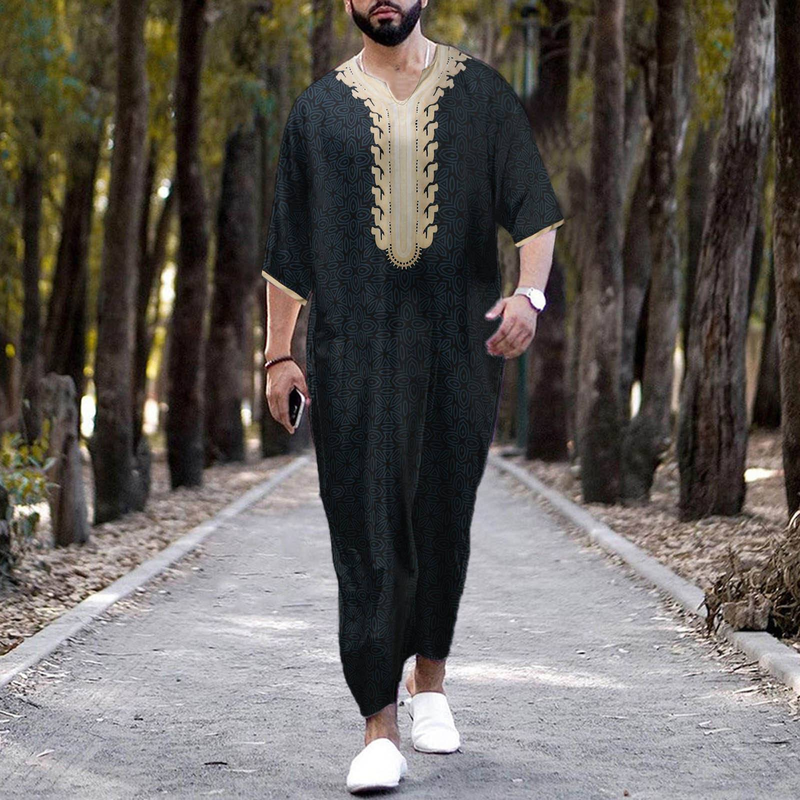 2025 New Short-sleeved Arab Ethnic-style Men's V-neck Printed Muslim Robe_voghion.com