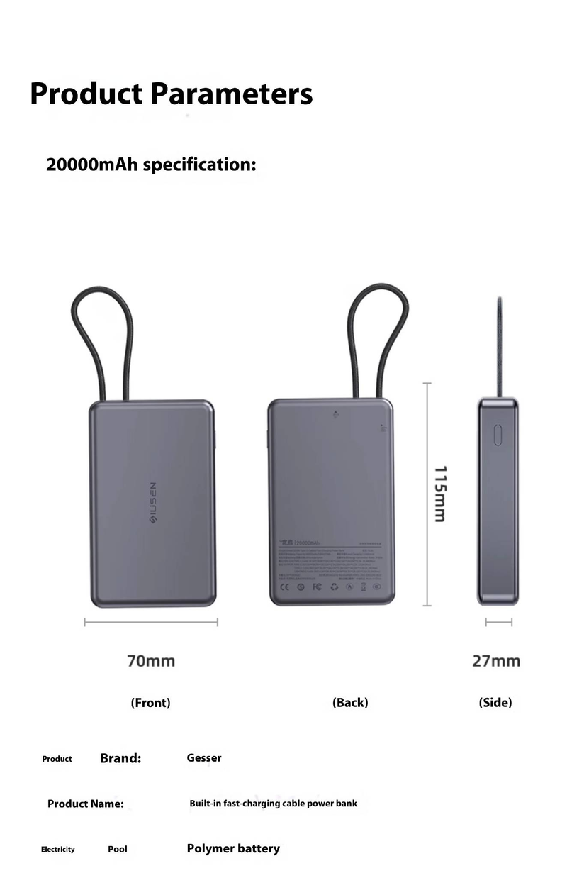 Tragbares Ladegerät mit 20.000 mAh und integrierten Doppel-Schnellladekabeln, KI-Temperaturregelung, ultraflache Powerbank für iPhone, Android, flugzeugsicher_voghion.com