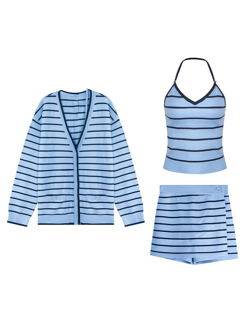 Damenbekleidung Set aus blau gestreifter Strickjacke mit V-Ausschnitt und ärmellosem Top mit Shorts – Jennie Style Casual Elegance_voghion.com