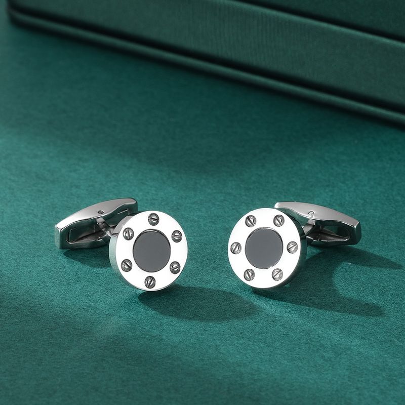 Elegant Onyx Inlaid Titanium Steel Screw Cufflinks For Dress Shirts Geometric Design, High Polish Finish, For Business, Wedding & Formal Occasions_voghion.com