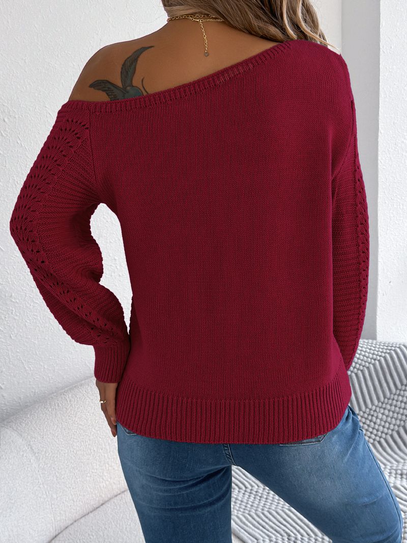 2025 Autumn And Winter Casual Solid Color Hollow Out Off Shoulder Long Sleeve Pullover Sweater Women's Clothing_voghion.com