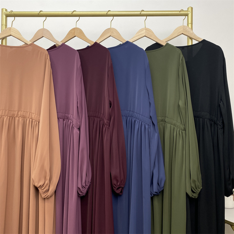 Abbigliamento da donna musulmano, design semplice, maniche elastiche tinta unita, cerniera frontale, abito elegante e versatile 6692_voghion.com