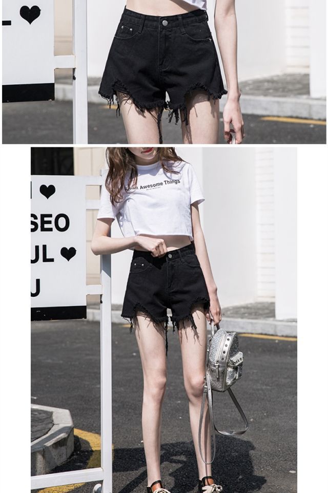 Denim shorts women's summer 2024 new style with holes, wide legs for students, versatile and slimming, high waist, black_voghion.com