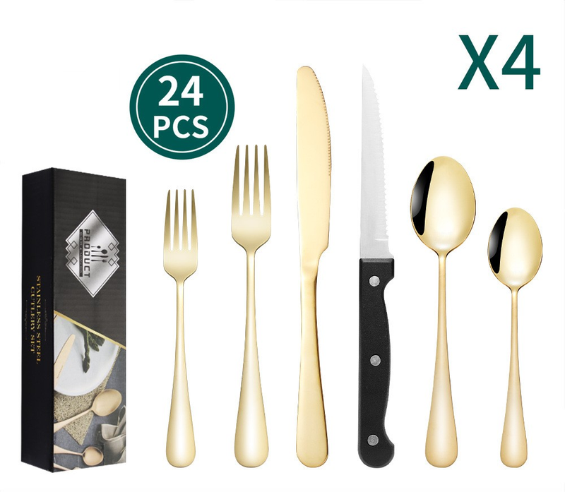 Knife, fork, and spoon stainless steel tableware set of 24 pieces, four person tableware, steak, knife, fork, and spoon_voghion.com