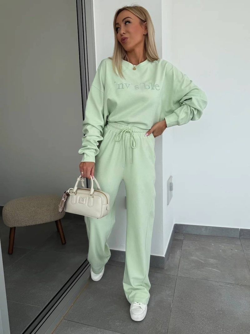 Abbigliamento da donna, completo primaverile, tinta unita, scollo tondo, manica lunga, maglione con ricamo a lettere, pantaloni con lacci, set da due pezzi_voghion.com