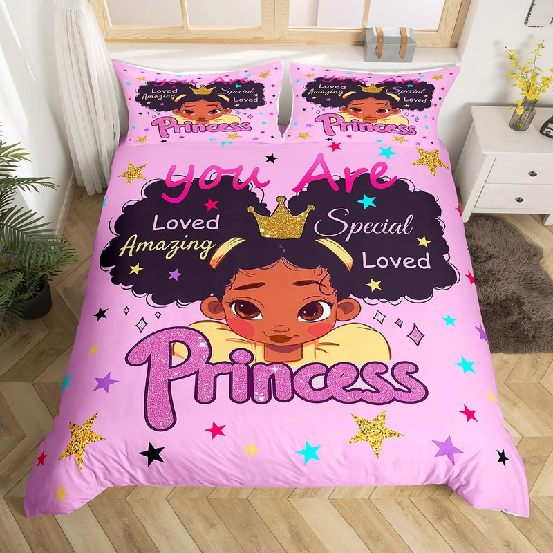 Set di biancheria da letto per bambina nera, copripiumino da principessa sognante, copripiumino con citazioni ispiratrici per ragazza afroamericana, arredamento per la camera da letto, biancheria da letto rosa_voghion.com