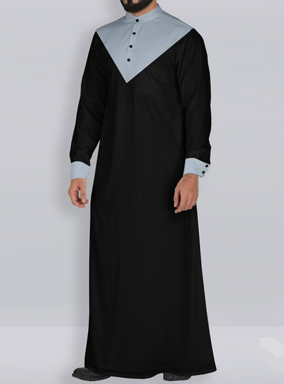 Robe masculino de malha com gola longa e botões, decoração em bloco de cores, robe alongado para homens_voghion.com