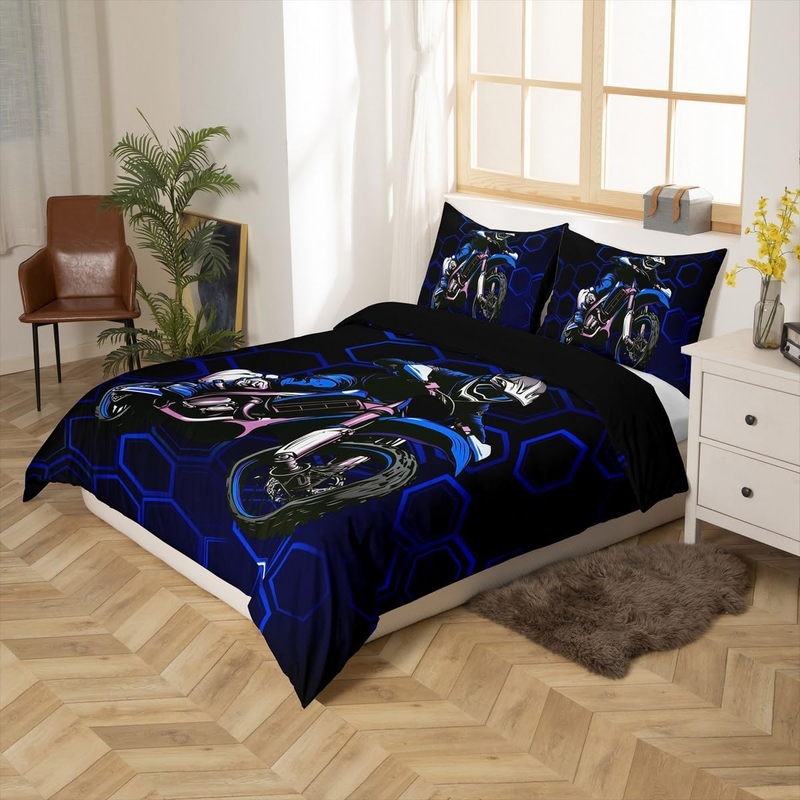 Blaues Dirtbike-Bettbezug-Set, Doppelgröße für Kinder, Jungen, Teenager, Schlafzimmer, sechseckiges Wabenbettwäsche-Set, geometrischer Extremsport-Bettbezug mit_voghion.com