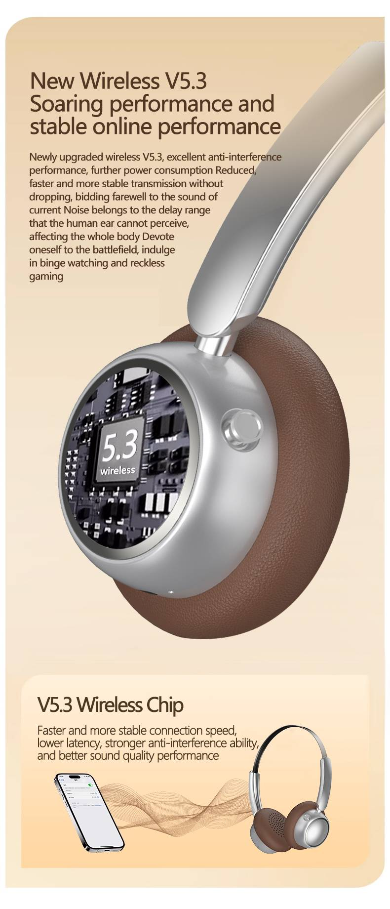 VJE11 Bluetooth Headphones: 10H Long Battery, 360° Surround Sound, Skin-Friendly Protein Leather, Game Mode Ready, Upgraded Chip Tech_voghion.com