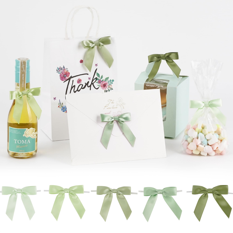 25/50 peças, 5 cores, laços pré-fabricados de fita de cetim verde com amarração torcida, laços de cetim de 6,35 cm para embrulho de presente, chá de bebê, decoração de casamento_voghion.com