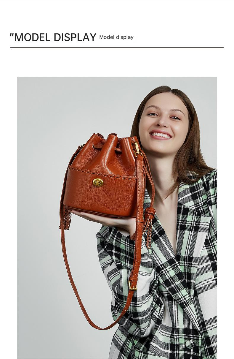 KOSE High-grade First-layer Cowhide Bucket Bag New Genuine Leather Women's Bag Tassel Niche Drawstring Shoulder Messenger Bag_voghion.com