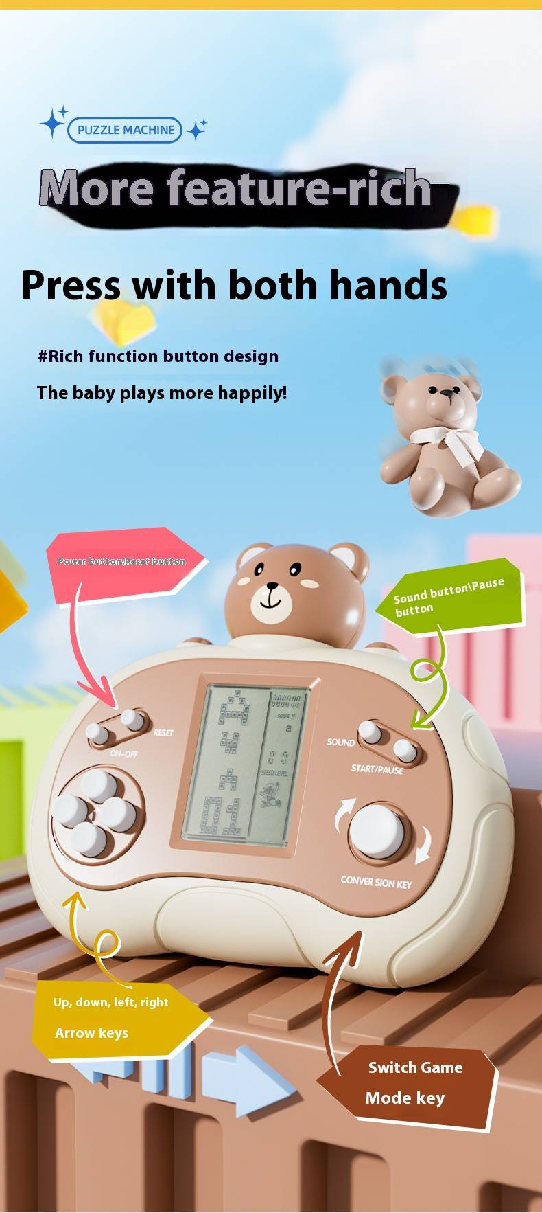 Tetris Handheld Game Console – Classic Block Puzzle Toy For Kids & Adults, Portable Brain Training Game With Rechargeable/Battery Options_voghion.com