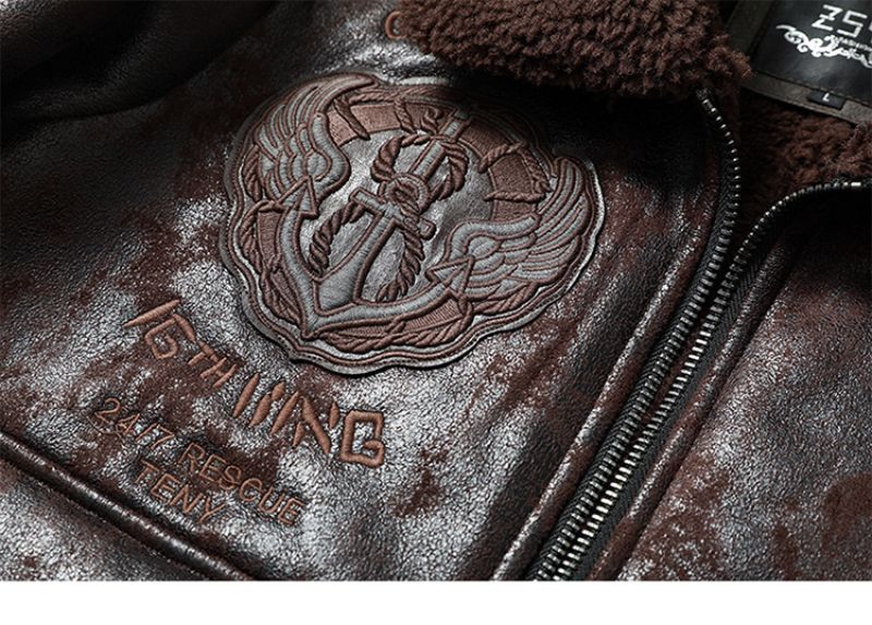 Men's Aviator Style PU Leather Jacket With Embroidered Patches, Fleece-Lined Biker Coat For Winter (Black, Brown, Vintage Brown)_voghion.com