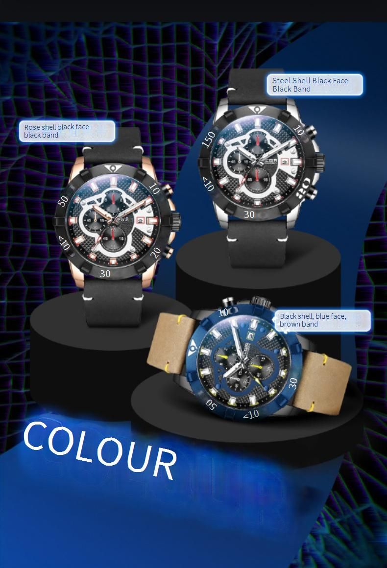 Orologio sportivo da uomo MEGIR con cronografo, impermeabile, luminoso, datario, resistenza all'acqua fino a 30 m, fibbia in acciaio inossidabile, vetro minerale_voghion.com