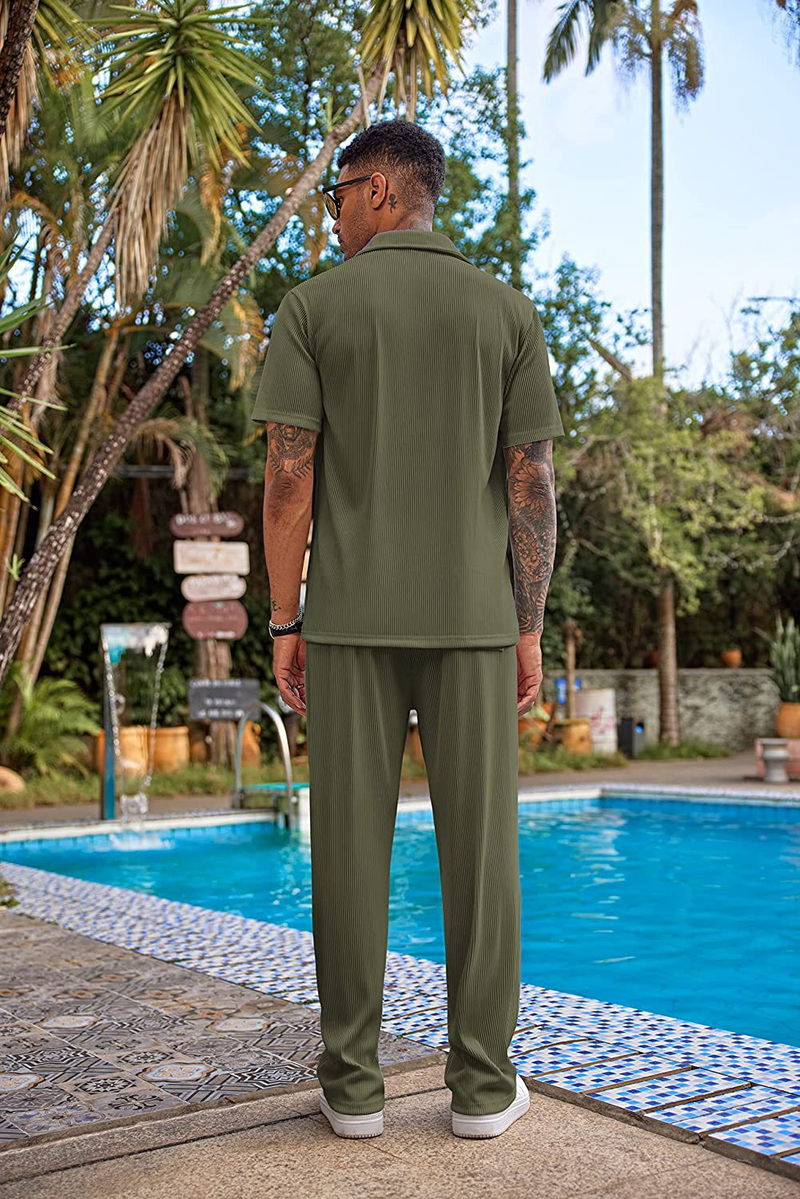 Calças compridas de manga curta de cor sólida masculina nova solta conjunto casual_voghion.com