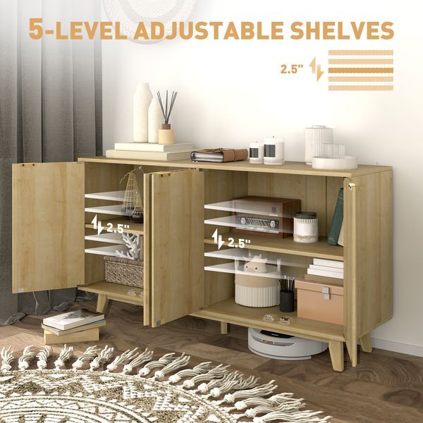 HOMCOM Fluted Sideboard Buffet Cabinet, 55' Coffee Bar Cabinet With 4 Doors, 2 Adjustable Shelves, 5 Wood Legs, Nature Wood_voghion.com