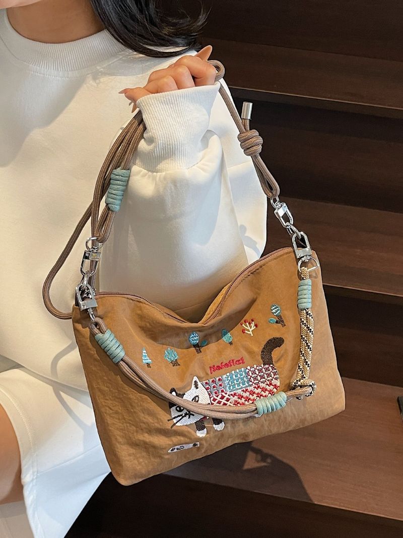 Heavy Embroidered Cat Nylon Tote For Women, Casual Outdoor Commuter Crossbody Bag, Versatile Shoulder Bag_voghion.com