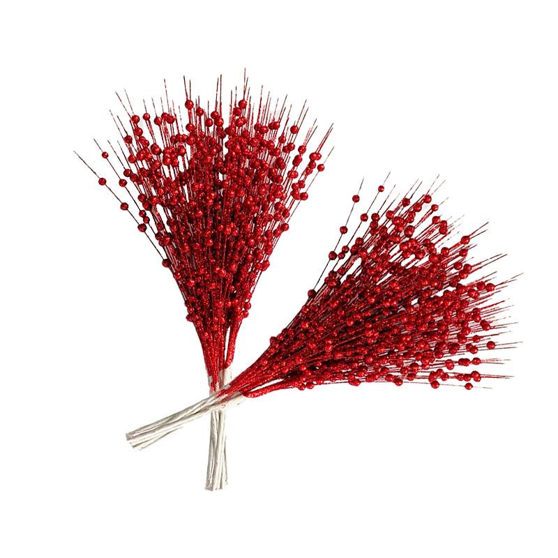 Christmas decoration gold powder Berry ball bundle artificial glitter stem ornament 12 fork string bead stick glitter stick flower Rattan_voghion.com