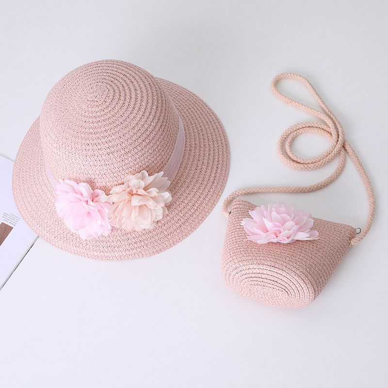Cappello da spiaggia estivo per bambini, con paglia, per genitori e bambini, con protezione solare, con fiori carini, piccolo sacchetto fresco_voghion.com